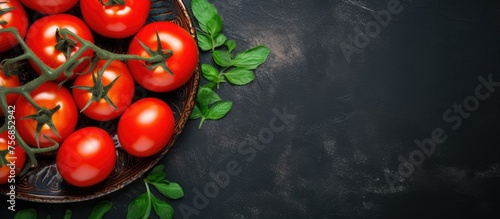 Plum tomatoes on a vine displayed in a wooden bowl against a black background. These seedless fruits are natural ingredients for recipes and staple foods, perfect for adding to vegetable dishes