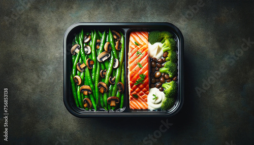 Healthy meal prep features grilled salmon, vibrant green beans with mushrooms, broccoli, and black beans in a compartmentalized container...