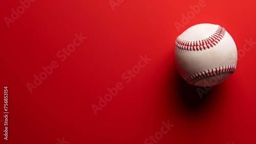 A single baseball with distinct red stitching, prominently placed against a solid bright red backdrop, conveying a strong sports theme photo