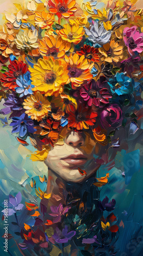 In this painting, a woman's visage is concealed behind a burst of colorful flowers symbolizing mystery and allure © Daniel
