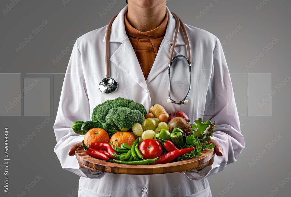 A doctor holding fresh vegetables and fruits on a wooden plate against a white background in a close up shot A doctor holding fresh vegetables and fruits on a wooden plate against a white background in a close up shot