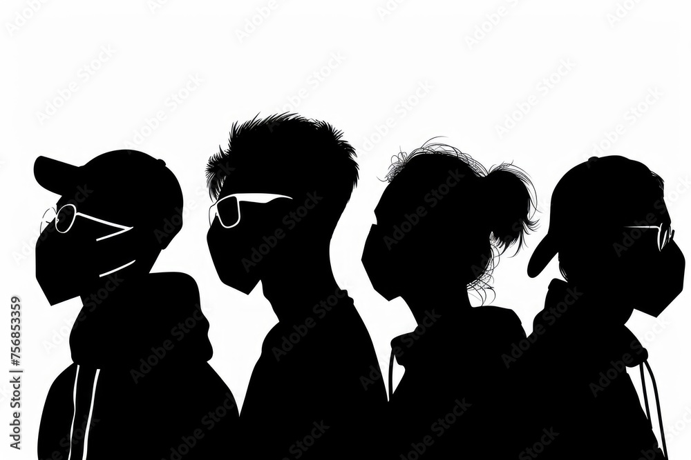 A group of diverse people silhouette in new normal wearing masks.