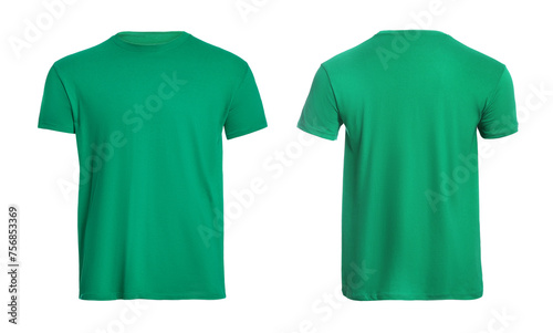 Green t-shirt with space for design isolated on white. Back and front views
