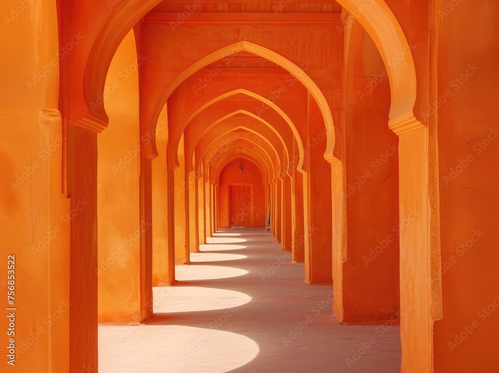A photograph of an orange arched corridor in the style of Mughal architecture