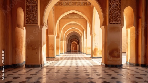 Beige arch Inside the Arabian Palace  free space  in photographic style