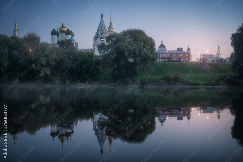 Kolomna town in Moscow Oblast at dusk. Famous landmarks of city center