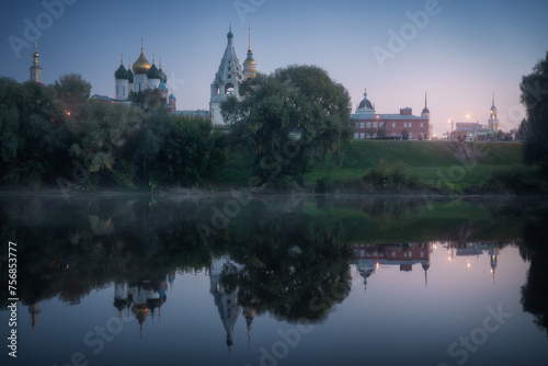 Kolomna town in Moscow Oblast at dusk. Famous landmarks of city center