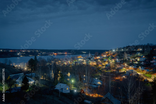 Ples town at Ivanovo region in Russia illuminated in the dusk. Cityscape panoramic night view
