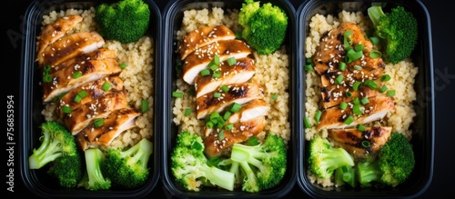 Three containers filled with staple foods rice, broccoli, and chicken. These ingredients can be used to make a delicious and nutritious dish or recipe