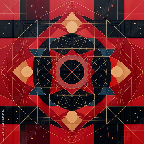 Crimson Constellations Abstract Geometric Patterns with Musical Color Fields- generated by ai photo