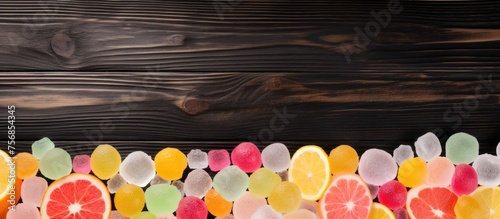 A vibrant display of various colored fruits arranged on a Petaladorned wood table. The Font of colors like Magenta and the Art of Natures bounty create a stunning Event centerpiece photo