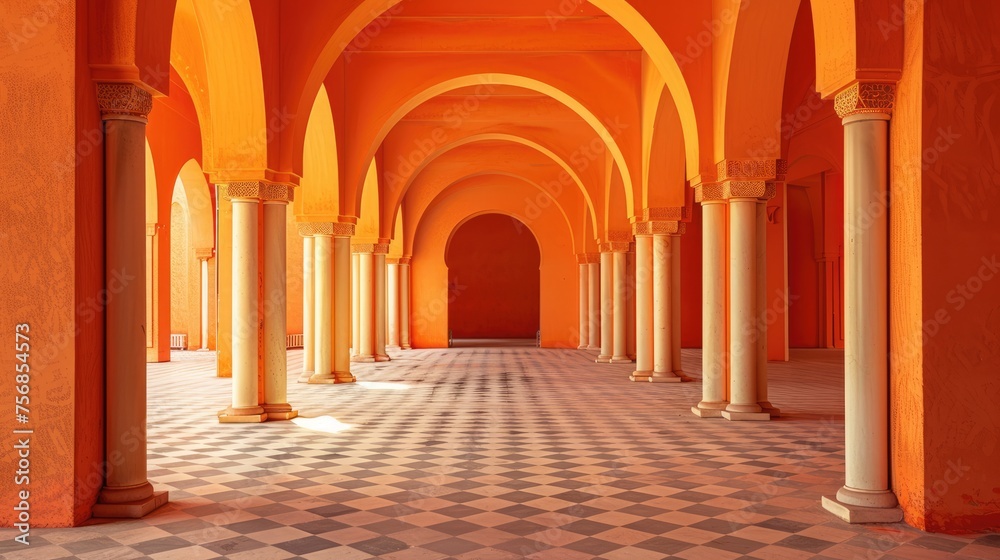 Obraz premium orange arches, interior of an arabian palace, empty space, in the style of photography