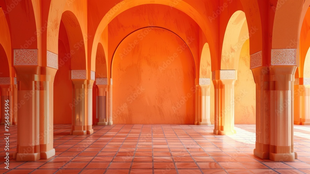 orange arches, interior of an arabian palace, empty space, in the style of photography