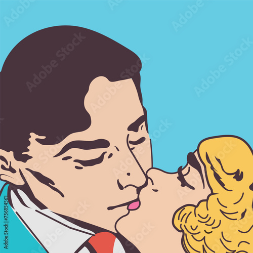 El arte pop el hombre besa a la mujer con fondo azul ilustración pareja besándose
