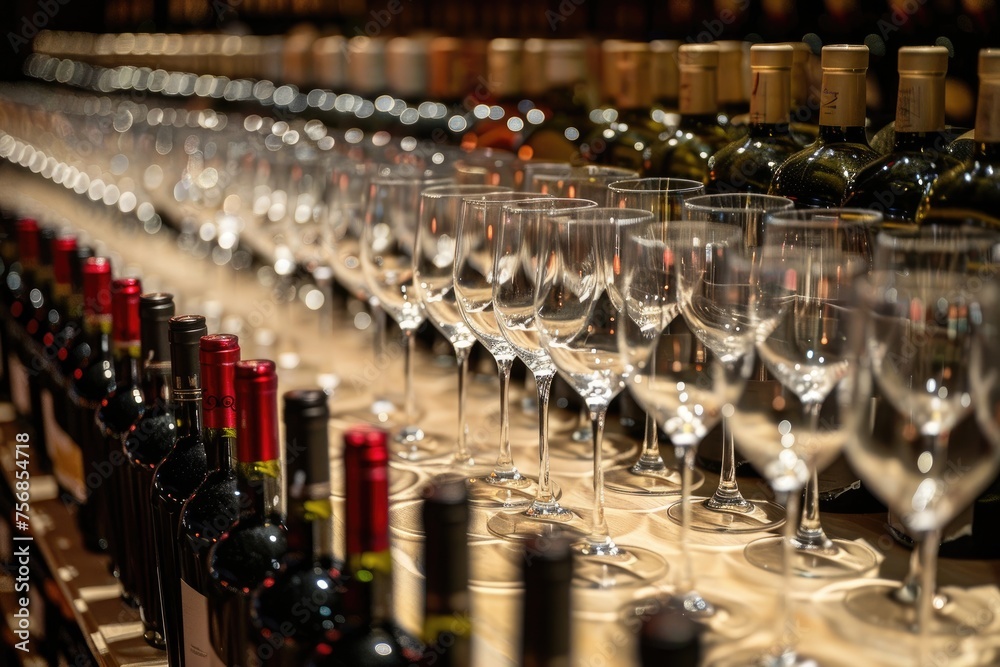 Obraz premium Rows of wine glasses growing together are visible on the boundary of rows of alcohol bottles.
