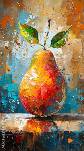 This striking image features a pear with a spectrum of vibrant colors against an abstract, textured background