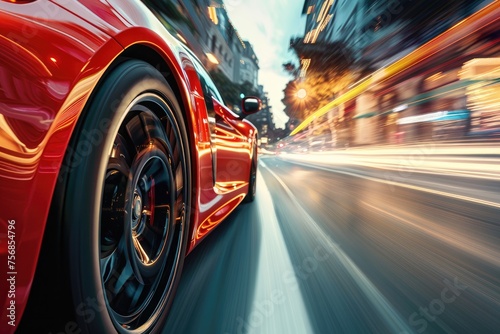 sport car overtaking, utilizing rear curtain sync for dynamic motion effect, editorial photography