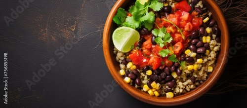 A bowl of Mexicaninspired cuisine featuring a mix of beans, corn, tomatoes, and cilantro on a table, showcasing a beautiful arrangement of plantbased ingredients and natural foods
