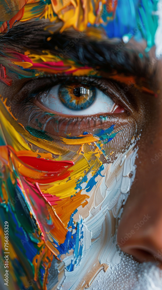 This macro photo showcases a brightly colored eye in an artwork, highlighting the dynamic and vibrant paint strokes