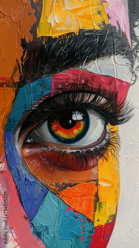 A detailed macro shot of a colorful painted eye, where the brushwork and vibrant hues are prominently featured