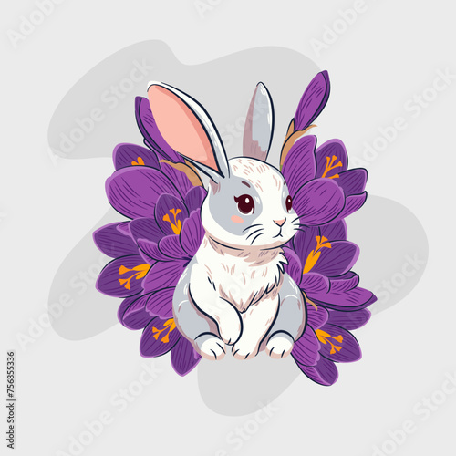 Uroczy królik i krokusy. Bukiet fioletowych wiosennych kwiatów i słodki zwierzak na jasnym tle. Wiosenna ilustracja wektorowa.