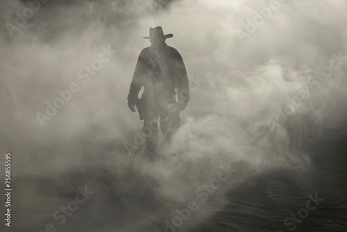 In a ghost town a dust storm swirls as clinking spurs and echoing footsteps herald a phantom gunslinger