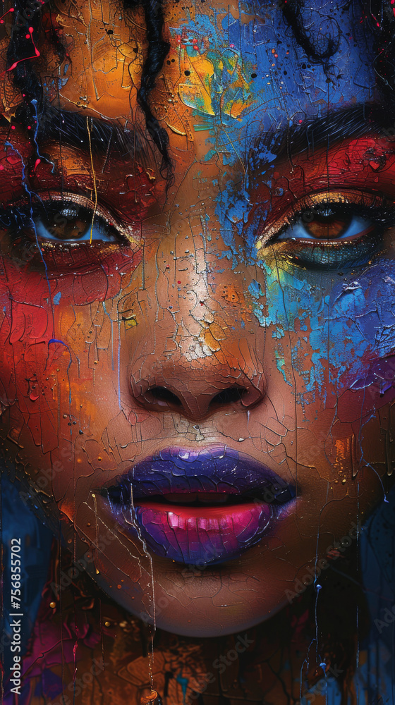 Close-up of a woman's face covered with colorful cracked paint texture, emphasizing artistic makeup and creativity