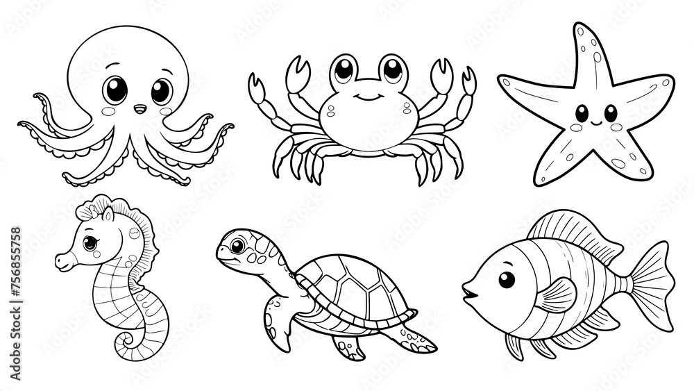 Drawing simple lines cute set sea animals coloring book pages. cartoons for preschool children Drawing simple lines cute set sea animals coloring book pages. cartoons for preschool children
