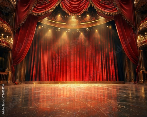 A broadway theaters indoor setting showcasing elegant red curtains and classical decorations ready for a theatrical show under bright lights