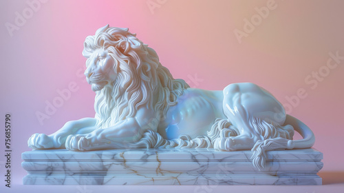 The soft pink hues bring an unexpected yet delightful contrast to the marble lion statue, creating an artful piece