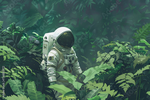 A lone astronaut exploring a minimal otherworldly jungle. photo