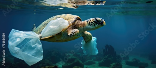 A Kemps ridley sea turtle is underwater in the ocean, struggling with a plastic bag in its mouth. This event highlights the impact of pollution on marine biology photo