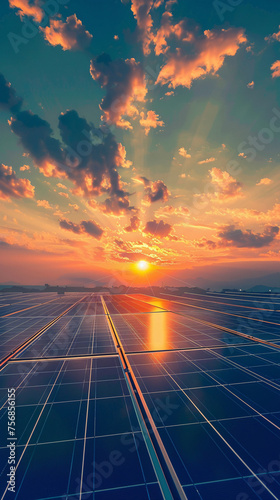 Solar panels against sunset sky.