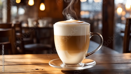 Steaming latte in a clear glass mug on a wooden table, with a cozy cafe ambiance in the background.