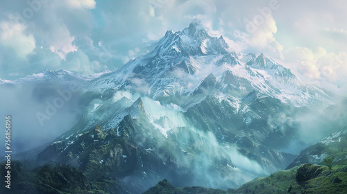 Fantasy mountain range with misty clouds.