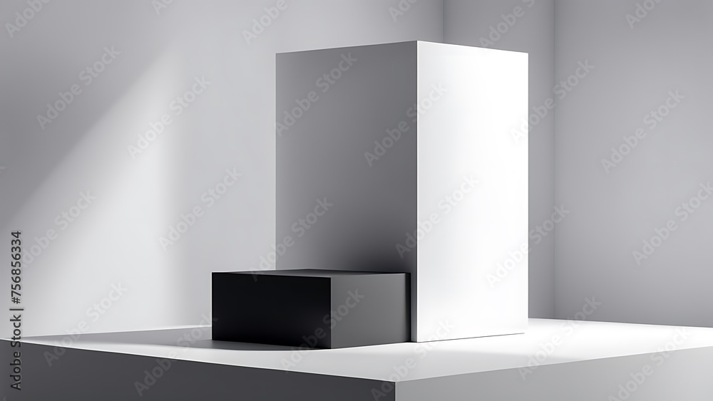 Fototapeta premium Minimalist composition with geometric shapes, featuring light and shadow play in a monochromatic setting.