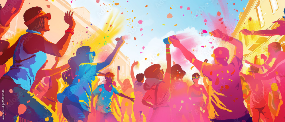 A dynamic image capturing the essence of Holi with vibrant colors and joyful participants
