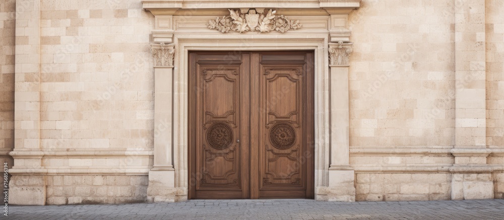 A closeup of a hardwood door on the side of a building, showcasing the intricate wood stain and symmetry of the rectangle fixture on the facade A closeup of a hardwood door on the side of a building, showcasing the intricate wood stain and symmetry of the rectangle fixture on the facade