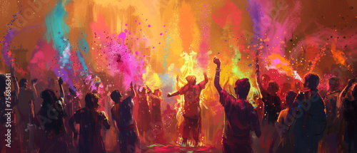 An almost surreal depiction of the Holi festival, rich in colors and joyous atmosphere