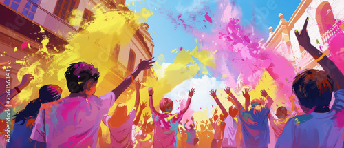 Excited participants at a Holi festival event throwing vibrant powders up, under a sunny sky