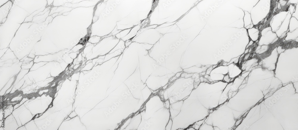 A detailed view of white marble with striking black veins resembling a twisted plant pattern on a freezing slope. The elegant flooring texture mimics liquid flowing through wood grains
