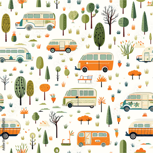 Road trip seamless pattern, doodle camper vans, vanlife, adventure - great for textiles,