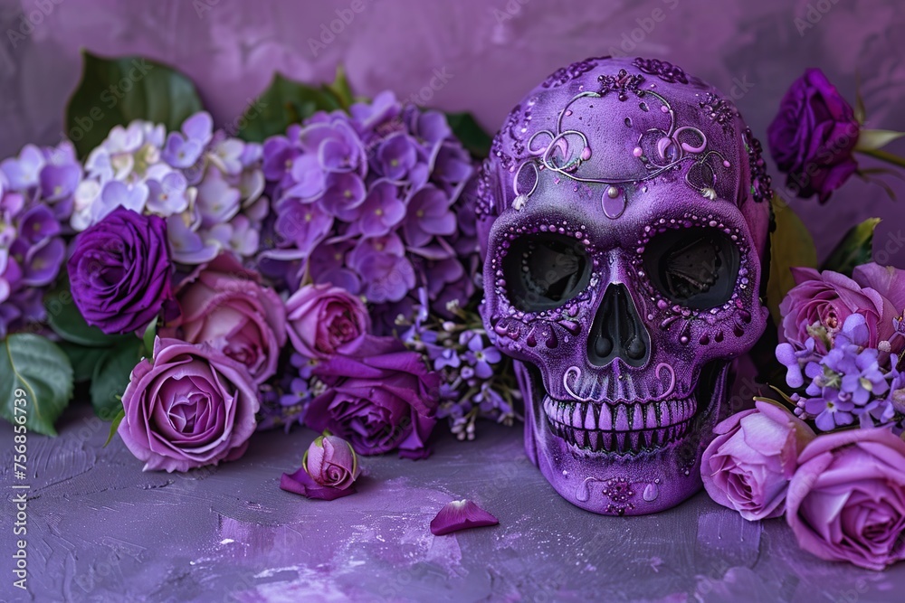 Skull with flowers on a purple background. Day of the Dead Skull with flowers on a purple background. Day of the Dead
