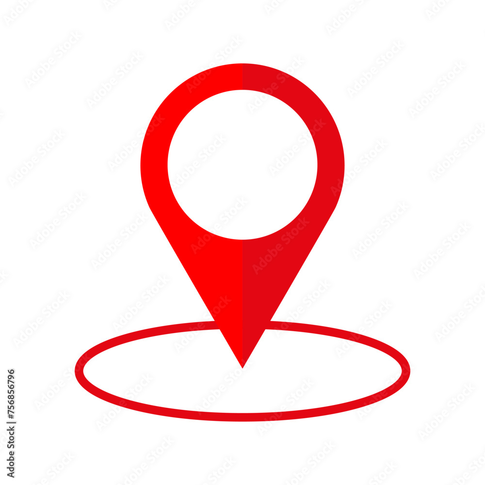 Bold red location pin icon centered over a shadow, isolated on white. Vector illustration. EPS 10. Bold red location pin icon centered over a shadow, isolated on white. Vector illustration. EPS 10.