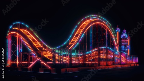 Amusement park with roller coaster at night with bright colorful neon lights © JuliaDorian