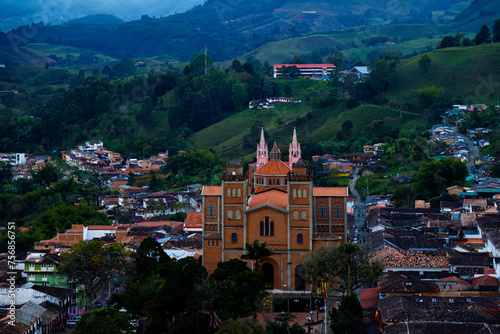 Aerial view of the Jerico Cathedral (Colombia) at dusk