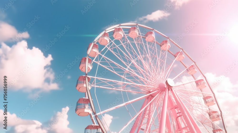 Colorful Pink Ferris Wheel at Sunset with Dramatic Cloudy Sky, Trees, Amusement Park