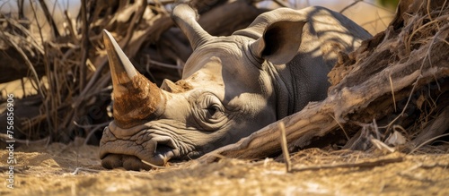 A black rhinoceros, a terrestrial animal, is resting in the dirt beneath a tree. Nearby, big cats from the Felidae family are prowling in the grass
