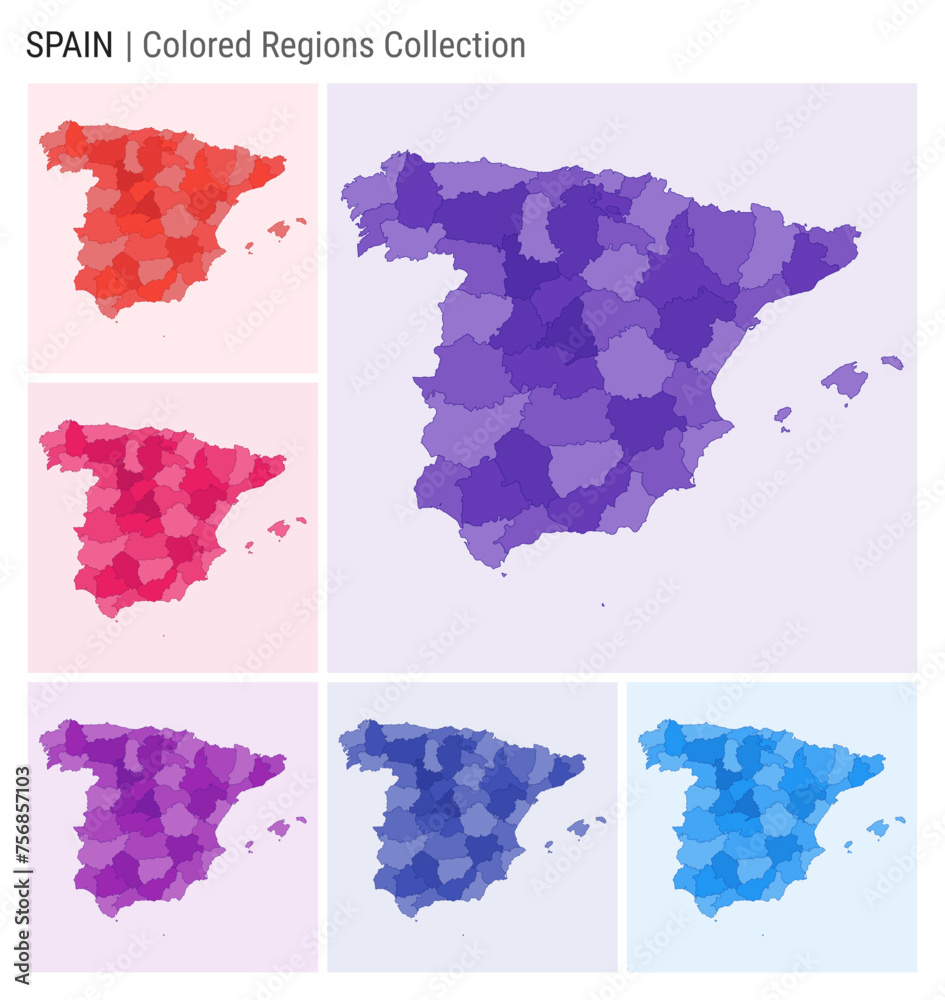 Spain map collection. Country shape with colored regions. Deep Purple, Red, Pink, Purple, Indigo, Blue color palettes. Border of Spain with provinces for your infographic. Vector illustration.