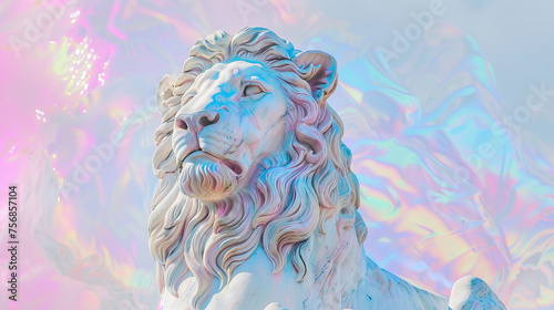A majestic lion sculpture is bathed in iridescent light, giving it a powerful and otherworldly appearance